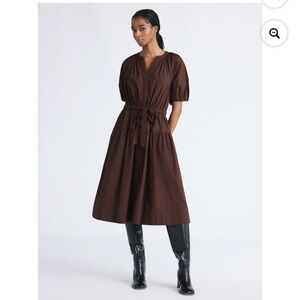 Nwt Free Assembly Women's  Cotton Midi Dress with Puff Sleeves buttons brown